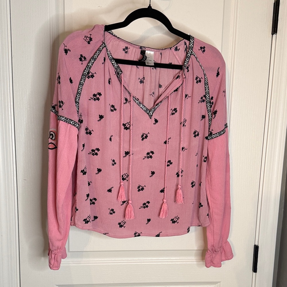 H&M Pink Blouse with Black Floral Design